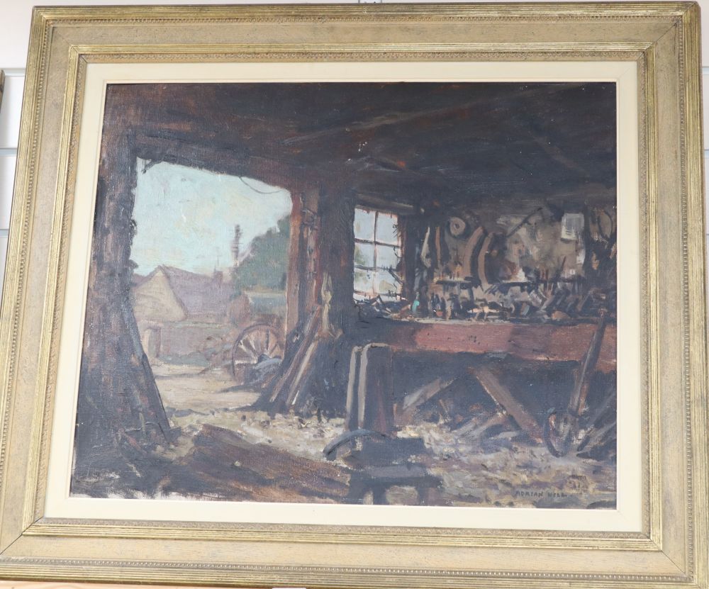 Adrian Hill (1895-1977), oil on canvas board, Blacksmiths forge, signed, 49 x 59cm